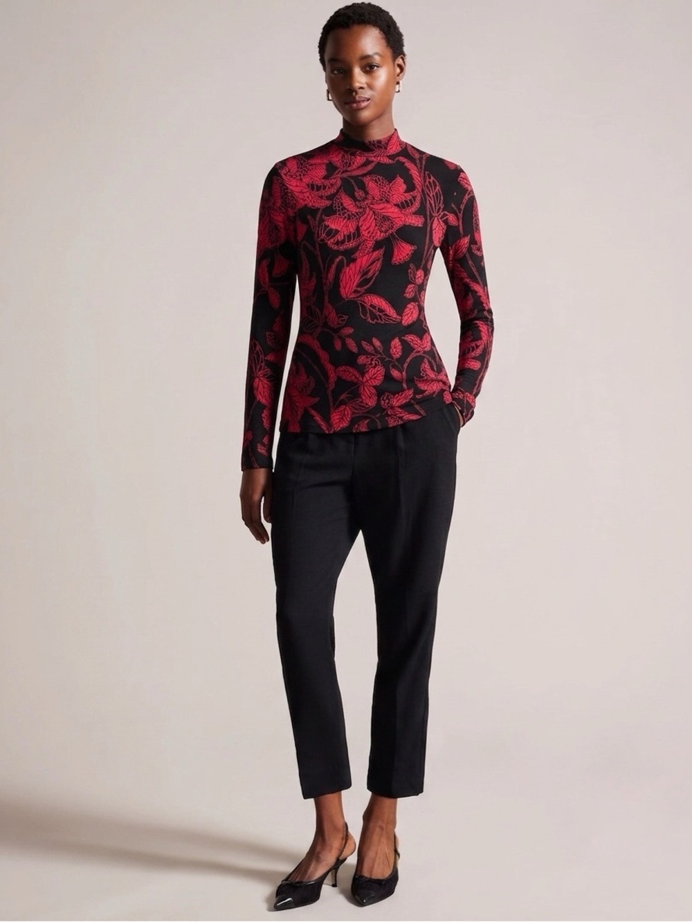 TED BAKER Women's Abyiaah Fitted Floral Long Sleeve Top - Black/ Red, Small - Picture 9 of 10